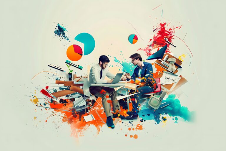 Two men sitting at a table with a lot of different things